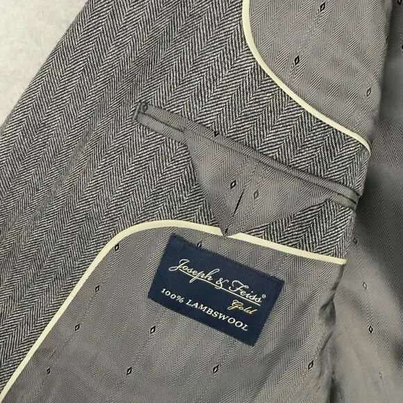 Joseph & Feiss Jacket Men 43R Gray Herringbone Blazer Lambs Wool Gold Sport Coat